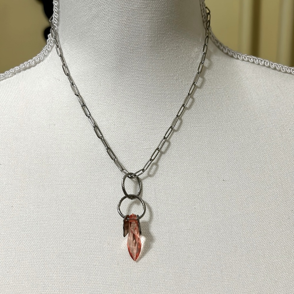 Handmade Silver 16” necklace w/ pink acrylic silver heart charms. Nickel free.